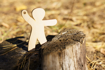 Wooden figure stands proudly on a tree stump in a sunlit outdoor setting