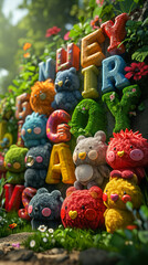 Plush Toy Alphabet Characters Sitting on Grass with Flowers in Lush Garden – For Children’s Book or Educational Use