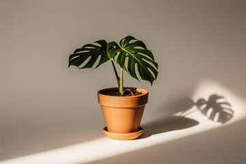 Monstera Deliciosa Plant in Terracotta Pot: Minimalist Indoor Plant Photography