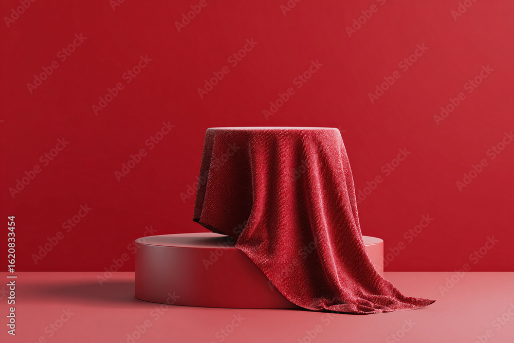 Poster elegant display stage with red fabric. minimalist platform for product placement. luxurious concept 