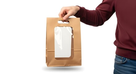 Person holding a brown paper bag with a clear window and a maroon sweater on a white background on transparent background