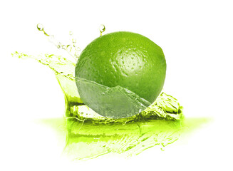 Whole fresh lime falling into splashing drink against white background