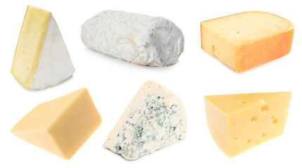 Different kinds of cheese isolated on white, set