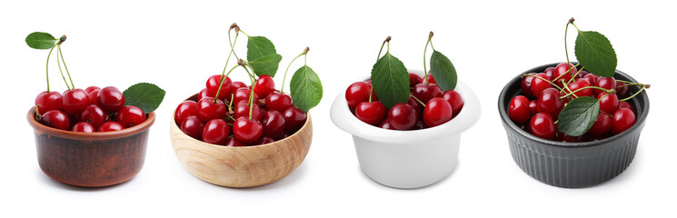Fresh red cherries in bowls isolated on white, set