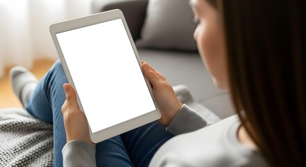 Woman relaxing on sofa while using a tablet with a blank white screen for mockup purposes indoors on transparent background