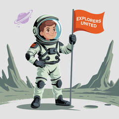 Young astronaut character standing on a distant planet's surface holding a flag, representing exploration and adventure.