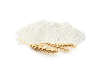 Wheat flour and spikelets on white background