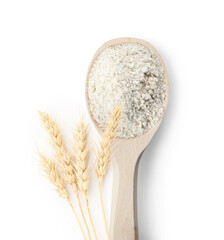 Wheat flour in spoon and spikelets on white background, top view
