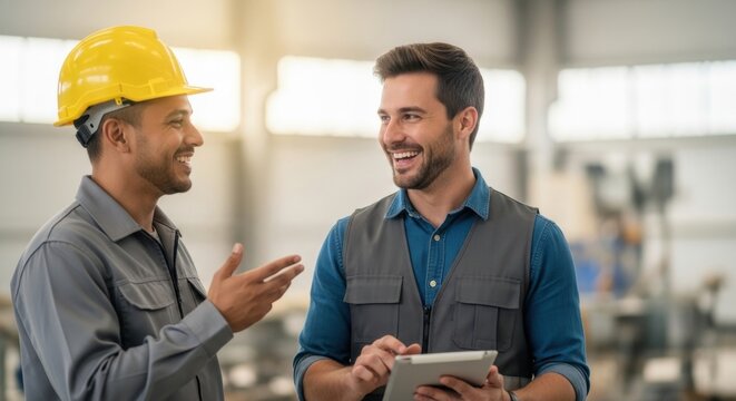 Two Smiling Engineers Discussing Plans on a Tablet in a Bright Factory
