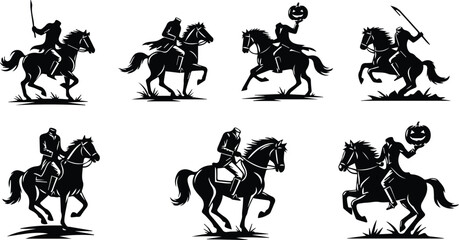  collection of headless horseman silhouettes in various poses, some holding pumpkins, isolated on white background vector illustration
