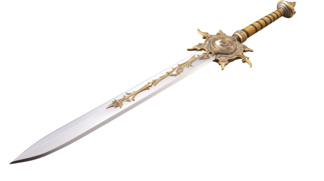 Intricately designed ornate sword with polished blade and golden decorative elements