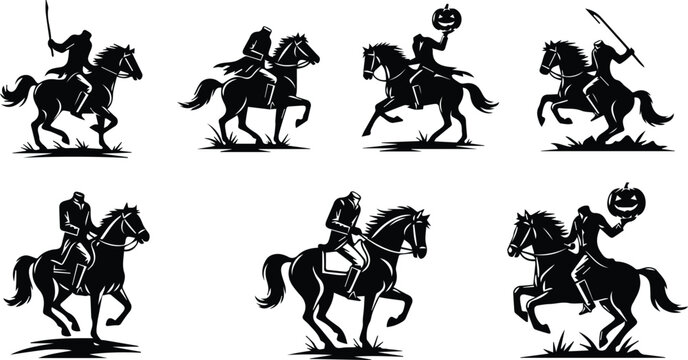  collection of headless horseman silhouettes in various poses, some holding pumpkins, isolated on white background vector illustration