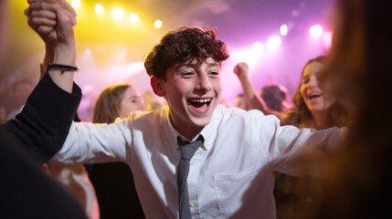 Joyful teen dances with friends at a party. Excitement, youth, and celebration. Use for social events, comingofage, or carefree lifestyle content.
