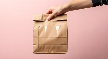 Hand holding a brown paper bag with a transparent window against a pink colored background scene view on transparent background