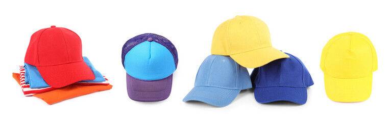 Baseball caps in different colors isolated on white, set