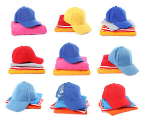 Baseball caps in different colors and clothes isolated on white, set