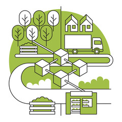 Blockchain technology in agriculture for Food Supply Chain. In outline and green color