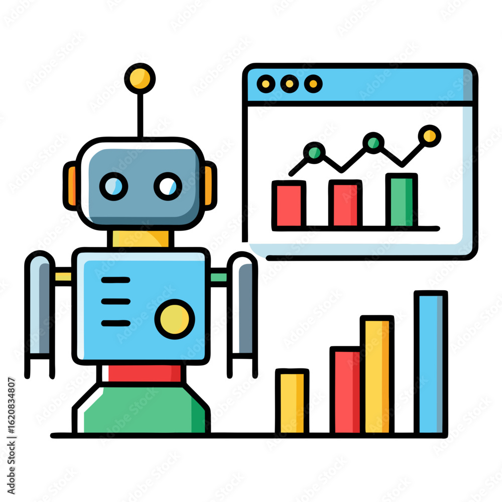 Poster colorful data analysis robot icon – 2d cartoon vector with bar charts