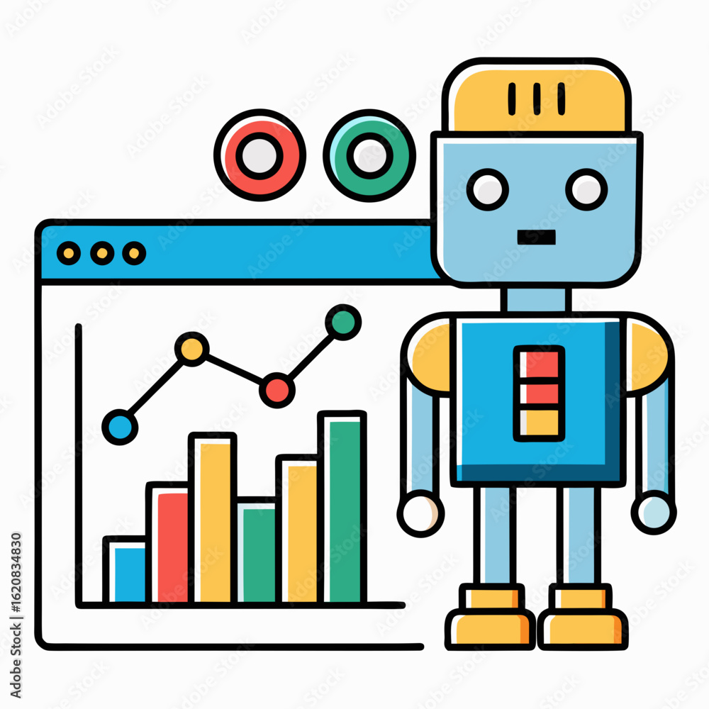 Poster colorful data analysis robot icon – 2d cartoon vector with bar charts