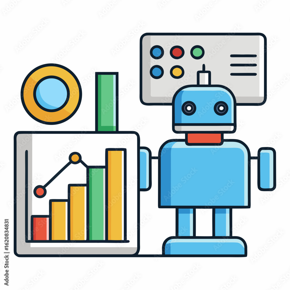 Poster colorful data analysis robot icon – 2d cartoon vector with bar charts