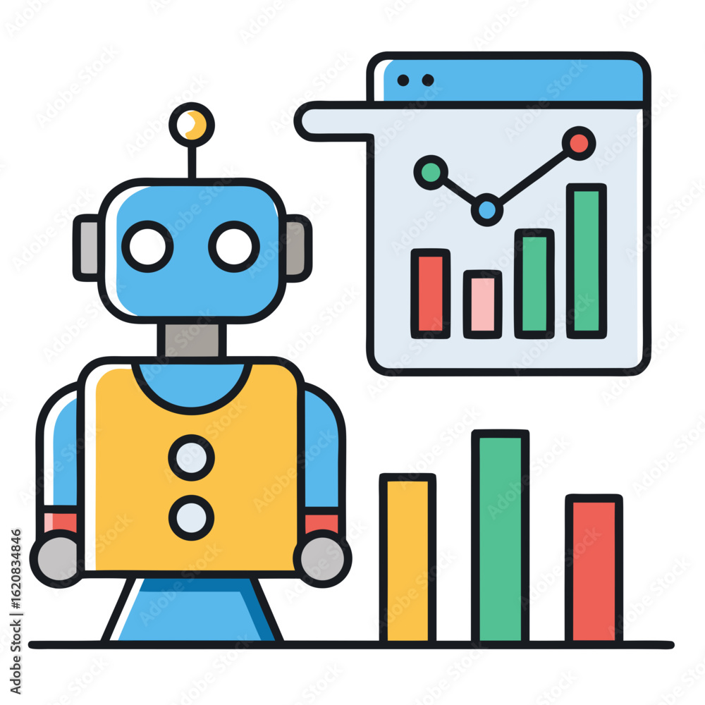 Poster colorful data analysis robot icon – 2d cartoon vector with bar charts