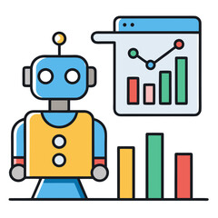 Colorful Data Analysis Robot Icon – 2D Cartoon Vector with Bar Charts