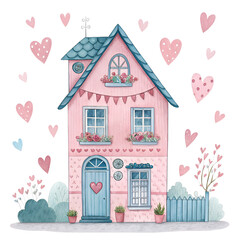 Fototapeta premium Charming pink house with heart accents and blue roof isolated on a transparent background hearts