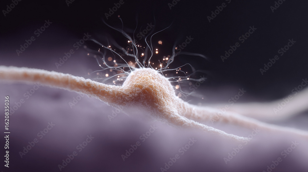 Poster abstract microscopic rendering of a neuron cell with glowing impulses, science concept. neural netwo
