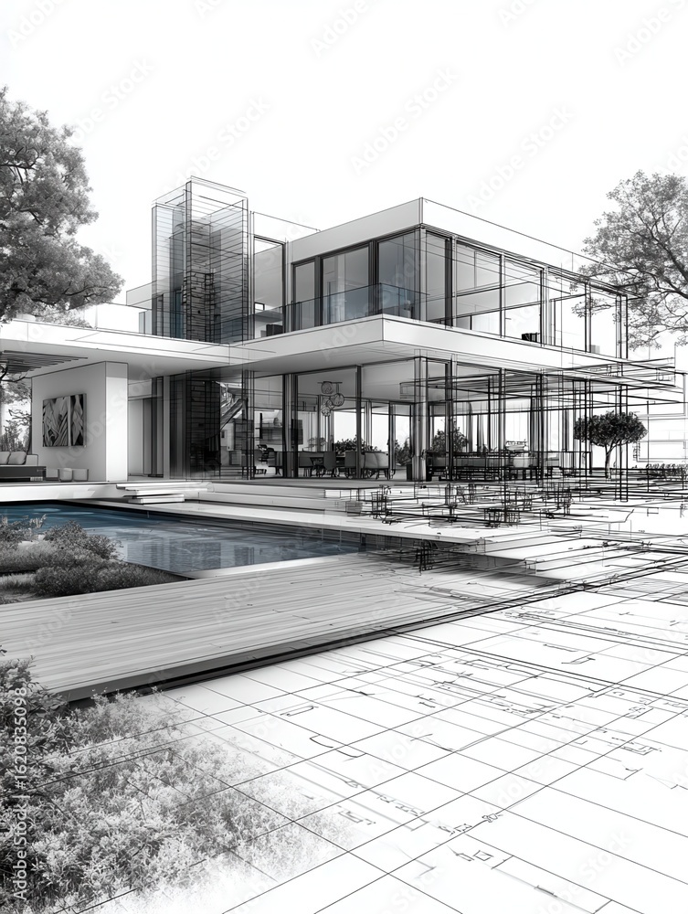 Poster sketch design and drafting of wireframe of building a modern house becoming real. 3d illustration, d