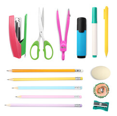 Pencils, shaving and other stationery isolated on white, set. Top view