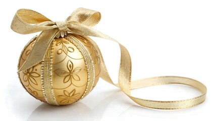 Gold Christmas ball with ribbon and a bow. Isolated on white background. AI GENERATED.
ret4