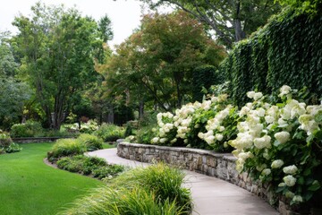 Obraz premium A meandering pathway winds its way through a lush garden, adorned with blooming hydrangeas and vibrant greenery, basking in the warmth of a sunny late summer day, creating a picturesque scene