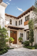 Fototapeta premium Nestled in a serene neighborhood, this enchanting white villa adorned with elegant wooden accents is beautifully embraced by vibrant, lush greenery, creating a picturesque scene on a bright, sunny day