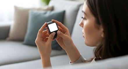 Woman looking at a smartwatch with a blank white screen while sitting on a gray couch indoors on transparent background
