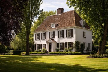 Fototapeta premium Nestled in a picturesque suburb, this stunning house boasts a meticulously maintained garden, framed by towering trees that sway gently under a clear blue sky on a sunny day