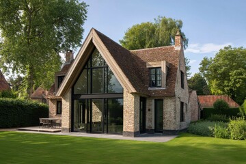 A stunning contemporary home features expansive windows that invite natural light, beautifully situated amidst vibrant greenery in a tranquil rural landscape, all bathed in the warmth of daytime