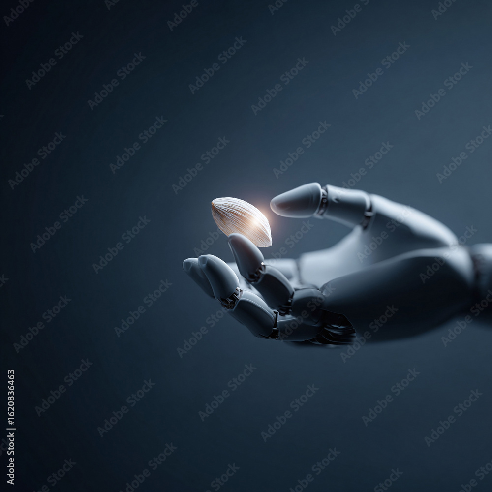 Poster robot hand holds glowing seed. a conceptual image representing technology, food innovation, artifici