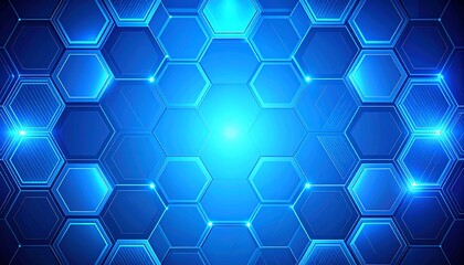 Abstract futuristic glowing blue hexagonal grid pattern with bright light in the center representing technology and science