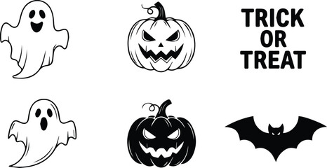  set of halloween icons including ghosts, pumpkins, a bat, and text that says trick or treat, isolated on white background vector illustration