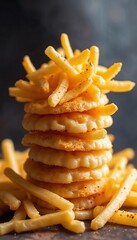 Stacked crispy cheese crackers with french fries on a rustic background