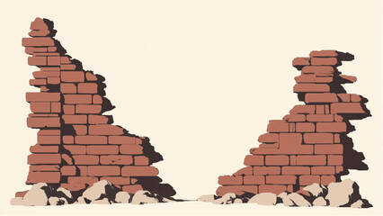 Crumbled Brick wall. Broken Brick Wall. Ruined brick wall. Vector illustration.	