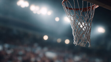 Dramatic closeup of a basketball hoop and net inside a glowing arena. Conveys competition, skill, and the thrill of victory. Ideal for sports or motivational themes.
