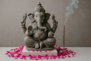 Stone statue of Hindu god Ganesha in meditative pose. Surrounded by pink rose petals and incense stick with visible smoke. Neutral background. Concept of spirituality and devotion