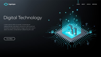 Web page template for digital technology or blockchain on wavy stylish background. Network infrastructure website layout concept. Isometric vector illustration with artificial intelligence and GPU