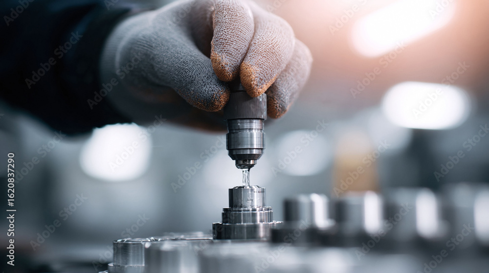 Poster detailed closeup of a gloved hand precisely aligning a metallic part with a coolant drip, embodying 