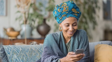 Smiling middle aged african woman with traditional head turban sitting on couch at home using smartphone. Beautiful african american woman with typical headscarf scrolling through internet on phone.,