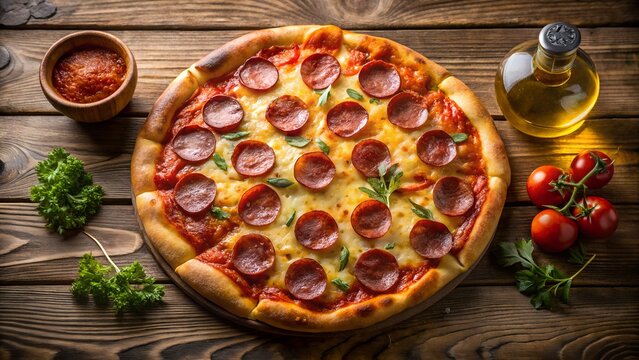Delicious pepperoni pizza with melted cheese and tomato sauce, served on a rustic wooden table with fresh parsley, cherry tomatoes, and olive oil