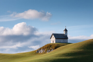 Fototapeta premium Lone chapel atop a green hill, serene sky. Symbol of faith, peace. Ideal for travel, religion, or inspirational themes. Minimalist, calm, spiritual imagery.