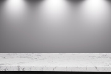 white marble tabletop with prominent set against a smooth, neutral grey background.