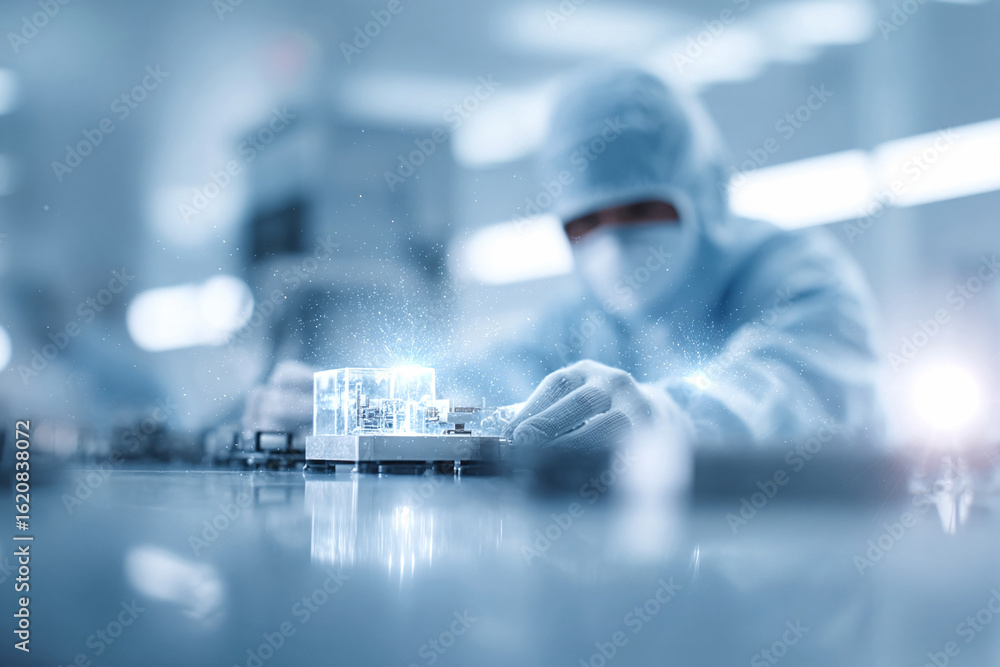 Poster futuristic tech concept. worker in sterile suit assembling microchip with bright digital effect. ill